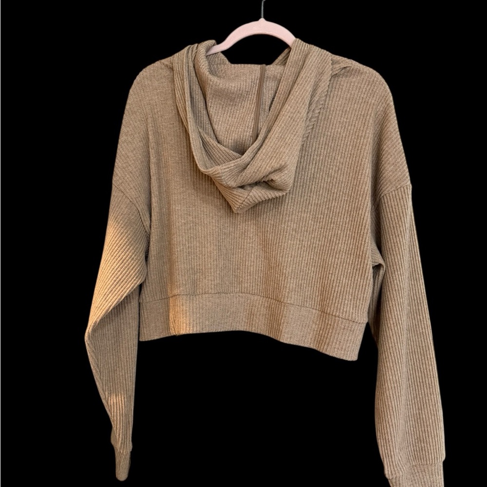 ALO Yoga Muse hoodie cropped ribbed-knit in gravel heather size M - Picture 4 of 5
